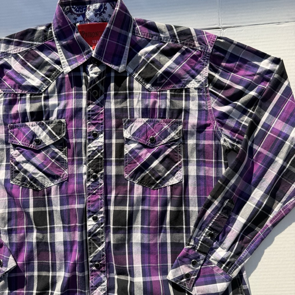 Patroncito USA Purple Plaid Snap Button Flannel Long Sleeve Y2K Mens Size Medium